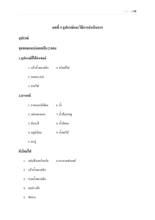 ห น  า | 13




                            บทที่ 3 อุปกรณและวิธีการดําเนินการ
อุปกรณ

ชุดทดลองแบงออกเปน 2 ตอน

1.อุปกรณที่ใชทําเซลล

       1. แกวน้ําพลาสติก     4. สวิตซไฟ

       2. หลอด LED

       3. สายไฟ

2.สารเคมี

       1. ลวดแมกนีเซียม       6. น้ํา

       2. แผนทองแดง          7. น้ําสมสายชู

       3. สังกะสี             8. น้ําอัดลม

       4. อลูมิเนียม          9. น้ําผลไม

       5. ตะปู

ตัวโคมไฟ

   1. แผนฟวเจอรบอรด       6.กระดาษฟรอยด

   2. แกวน้ําพลาสติก

   3. ขวดน้ําพลาสติก

   4. เทปกาวผา

   5. ทอยาง
 