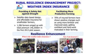 Creating Resilience through Index Based Livestock Insurance (IBLI)
INSIGHTS FROM ETHIOPIA
Index Based Livestock Insurance (IBLI)
o Designed to protect pastoralist against drought-related
livestock losses
o Contract holders receive payouts when forage condition
deteriorates blow a certain historical level
o Payouts are calculated automatically and there are no
claims to file - hence solving issues of moral hazard and
adverse selection.
How the Index Works
o Index is calculated using a measure of pasture availability recorded by satellites, called the
Normalized Differenced Vegetation Index (NDVI).
o Pastoralists purchase an annual contract with possibility of payout in either March or October
o Payouts are made when the forage situation is below the worst 15 percentile
Motivation
o Drought is a covariate shock that erodes livestock assets making households fall into a
poverty trap
o Poor pastoralists have few available strategies to manage and cope with livestock
mortality risk
o Over 300,000 livestock deaths recorded due to drought in the Borana region, which is
estimated at US$ 85 million as of July 2011
o Lack of credit and insurance markets in infrastructure-deficit environments has rendered
traditional risk sharing arrangements weakened and insufficient
Motivation
o Failure of governments and international aid
agencies in delivering timely and adequate relief to
prevent adverse impact of drought
o Hence the effort to developing risk management
instruments that are both feasible, commercially
viable and potentially effective in reducing poor
pastoralists’ uninsured risk exposure
Further information:
Key Activities in Ethiopia
o Contract designing and index development by ILRI and
Cornel University
o Manuals and education material created for all stakeholders
involved in the implementation process
o Dissemination of product information through workshops
and training programmes
o Cross-border trips of elders of four ethnic groups to
Marsabit for product- awareness creation
o Oromia Insurance Company sc. (OIC) has been the
underwriting partner
o Launch of sales in collaboration with OIC, regional government Borana zone, ILRI and Cornell
University
o 405 policies have been sold through local MFIs and co-operatives acting as distribution channels
in the January/February 2014 sales window
o Further identification of innovative distribution channels and extension methods are underway to
scale up the process of IBLI uptake
Green
Good forage availability that represents above 65 percentile over a long period. This is above
normal and stable forage condition.
Yellow
Forage condition falls between 45 to 65 percentiles. The forage situation is positive but
consistently worsening.
Orange
Forage condition is between 30 and 45 percentile. The division in question is under
considerable stress but not yet serious.
Red
Forage condition is between 15 – 30 percentiles. Drought situation is serious but not yet
classified as severe. Indemnity payout will not be triggered.
Black
Severe drought condition. Forage condition represents worst 15 percentile. Indemnity payout
will be triggered if conditions persist throughout the season up to the potential payout period.
March 2009Oct 2009
Key Collaborators
March 2014
 