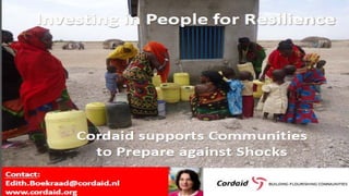 Programming for resilience
in conflict-affected situations
During conflict … After the fighting
stopped ...
I couldn’t escape the
legacy of the conflict …
Drought
My home was
destroyed
There were floods
My husband was
killed
Fighting was not the only
threat I faced …
I lost my land and
livelihood
I was excluded from
my community
My children couldn’t go
to school
I was a victim of
crime
SLRC’s survey in 6 countries shows how conflict and other shocks
combine to have a devastating impact on resilience
www.securelivelihoods.org
But post-conflict policies and programmes
rarely reflect just how long it takes people
to recover from conflict
But conflict programmes rarely focus
enough on other (non-conflict) shocks
that households face
 