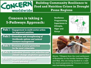Building Community Resilience to
Food and Nutrition Crises in Drought
Prone Regions
Above: Villagers from the rural settlement
of Koukatala on the border between Niger
and Mali, who are being funded in a cash-
for-work programme by Concern to build
rain harvesting systems.
Concern is taking a
5-Pathways Approach:
Resilience
Programming
Experience in
Ethiopia,
Niger and
Kenya
 