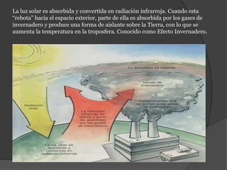 La luz solar es absorbida y convertida en radiación infrarroja. Cuando esta
“rebota” hacia el espacio exterior, parte de ella es absorbida por los gases de
invernadero y produce una forma de aislante sobre la Tierra, con lo que se
aumenta la temperatura en la troposfera. Conocido como Efecto Invernadero.
 