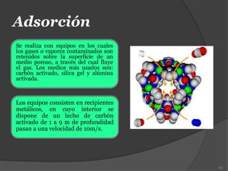 Adsorción
Se realiza con equipos en los cuales
los gases o vapores contaminados son
retenidos sobre la superficie de un
medio poroso, a través del cual fluye
el gas. Los medios más usados son:
carbón activado, silica gel y alúmina
activada.
63
Los equipos consisten en recipientes
metálicos, en cuyo interior se
dispone de un lecho de carbón
activado de 1 a 9 m de profundidad
pasan a una velocidad de 10m/s.
 