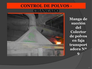 72
CONTROL DE POLVOS -
CHANCADO
Manga de
succión
del
Colector
de polvos
en faja
transport
adora Nº
9
 