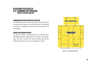 Figure 5.4: Zoning of first floor
ﬁrst ﬂoor spaces
The administration spaces, which may consist of several office rooms,
meeting rooms and a library, are located by the sides of a long corridor
for easy access, allowing them to all be located on the same floor, for
work purposes.
The end of the corridor is a balcony that serves as a breather spot in
the building instead of an official office for the members. This breather
space are walls of windows that allow tremendous light into the
hallway, which can also be seen as an application for a mural.
administration/ofﬁce spaces
semi-outdoor space
5.2 zoning of spaces
spatial organization
91
 
