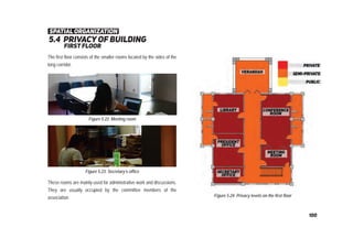 5.4 privacy of building
ﬁrst ﬂoor
Figure 5.24: Privacy levels on the first floor
Figure 5.22: Meeting room
Figure 5.23: Secretary’s office
spatial organization
The first floor consists of the smaller rooms located by the sides of the
long corridor.
These rooms are mainly used for administrative work and discussions.
They are usually occupied by the committee members of the
association.
100
 