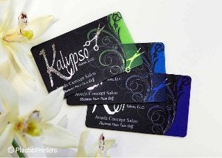 Kalypso Salon: Colored transparent business cards with silver foil business name and scissors stamp
 