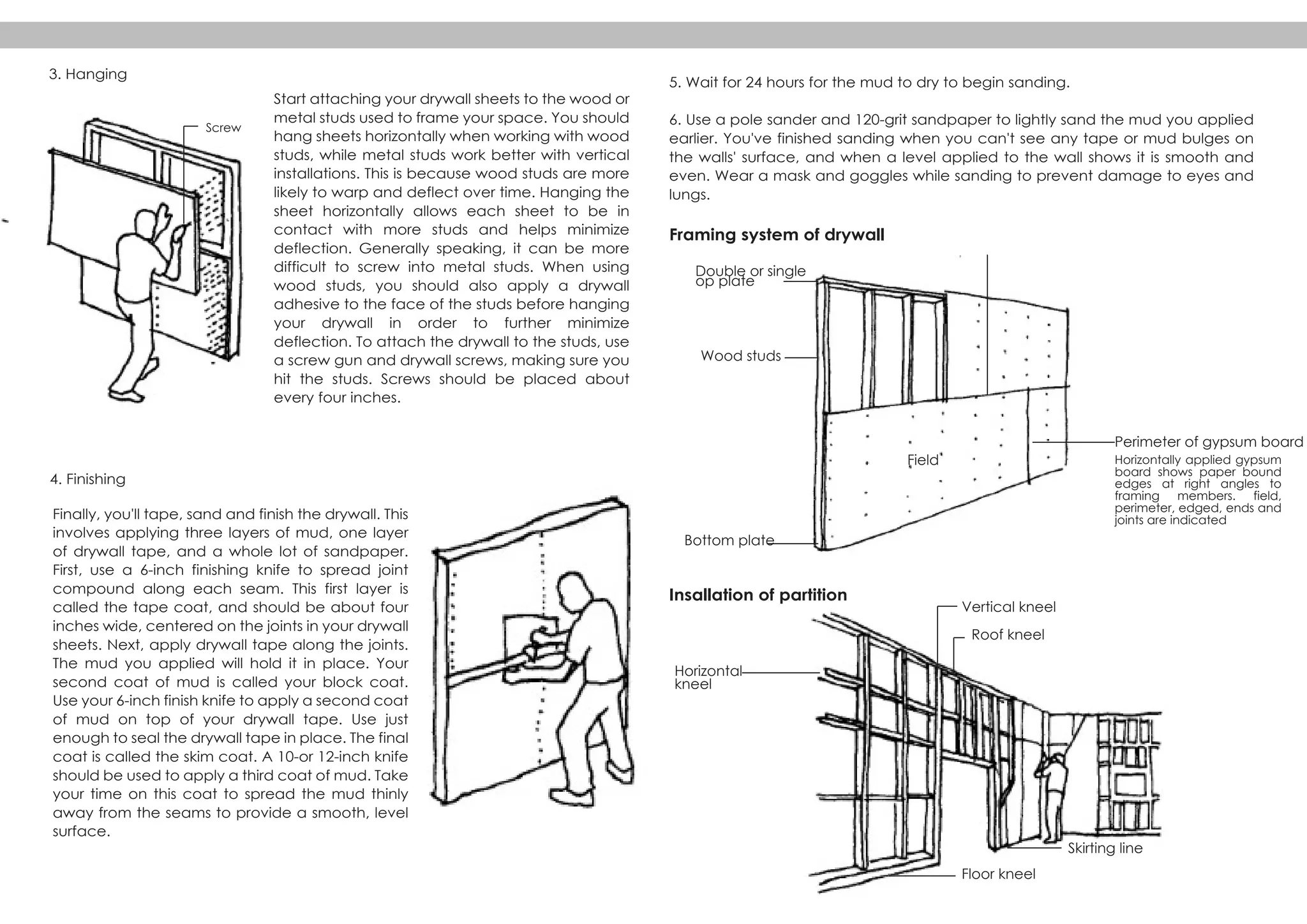 Screw
5. Wait for 24 hours for the mud to dry to begin sanding.
6. Use a pole sander and 120-grit sandpaper to lightly sand the mud you applied
earlier. You've finished sanding when you can't see any tape or mud bulges on
the walls' surface, and when a level applied to the wall shows it is smooth and
even. Wear a mask and goggles while sanding to prevent damage to eyes and
lungs.
3. Hanging
4. Finishing
Framing system of drywall
Start attaching your drywall sheets to the wood or
metal studs used to frame your space. You should
hang sheets horizontally when working with wood
studs, while metal studs work better with vertical
installations. This is because wood studs are more
likely to warp and deflect over time. Hanging the
sheet horizontally allows each sheet to be in
contact with more studs and helps minimize
deflection. Generally speaking, it can be more
difficult to screw into metal studs. When using
wood studs, you should also apply a drywall
adhesive to the face of the studs before hanging
your drywall in order to further minimize
deflection. To attach the drywall to the studs, use
a screw gun and drywall screws, making sure you
hit the studs. Screws should be placed about
every four inches.
Finally, you'll tape, sand and finish the drywall. This
involves applying three layers of mud, one layer
of drywall tape, and a whole lot of sandpaper.
First, use a 6-inch finishing knife to spread joint
compound along each seam. This first layer is
called the tape coat, and should be about four
inches wide, centered on the joints in your drywall
sheets. Next, apply drywall tape along the joints.
The mud you applied will hold it in place. Your
second coat of mud is called your block coat.
Use your 6-inch finish knife to apply a second coat
of mud on top of your drywall tape. Use just
enough to seal the drywall tape in place. The final
coat is called the skim coat. A 10-or 12-inch knife
should be used to apply a third coat of mud. Take
your time on this coat to spread the mud thinly
away from the seams to provide a smooth, level
surface.
Field
Double or single
op plate
Wood studs
Bottom plate
Vertical kneel
Horizontal
kneel
Floor kneel
Roof kneel
Skirting line
Perimeter of gypsum board
Horizontally applied gypsum
board shows paper bound
edges at right angles to
framing members. field,
perimeter, edged, ends and
joints are indicated
Insallation of partition
 