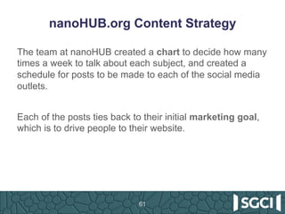 nanoHUB.org Content Strategy
The team at nanoHUB created a chart to decide how many
times a week to talk about each subjec...