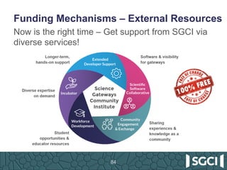 Funding Mechanisms – External Resources
Now is the right time – Get support from SGCI via
diverse services!
84
 