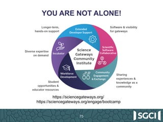 YOU ARE NOT ALONE!
75
https://sciencegateways.org/
https://sciencegateways.org/engage/bootcamp
 