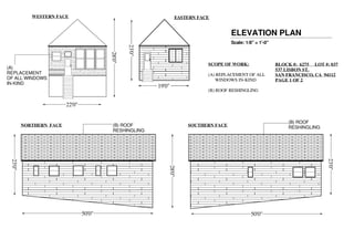 BLOCK #: 6275 LOT #: 037
537 LISBON ST.
SAN FRANCISCO, CA 94112
PAGE 1 OF 2
ELEVATION PLAN
Scale: 1/8" = 1'-0"
WESTERN FACE
NORTHERN FACE SOUTHERN FACE
SCOPE OF WORK:
(A) REPLACEMENT OF ALL
WINDOWS IN-KIND
(B) ROOF RESHINGLING
28'0"
22'0"
28'0"
EASTERN FACE
23'0"
19'0"
23'0"
23'0"
50'0"50'0"
(B) ROOF
RESHINGLING
(B) ROOF
RESHINGLING
(A)
REPLACEMENT
OF ALL WINDOWS
IN-KIND
19'0"
 