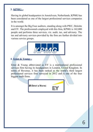 6
3. KPMG: -
Having its global headquarters in Amstelveen, Netherlands, KPMG has
been considered as one of the largest professional services companies
in the world.
It is amongst the Big Four auditors, standing along with PWC, Deloitte
and EY. The professionals employed with this firm, KPMG is 162,000
people and performs three services, viz. audit, tax, and advisory. The
tax and advisory services provided by the firm are further divided into
various service groups.
4. Ernst & Young: -
Ernst & Young abbreviated as EY is a multinational professional
services firm having its headquarters in London, United Kingdom. In
terms of Revenue, it has been ranked as the world’s third largest
professional services firm surveyed in 2012 and is one of the four
biggest audit firms.
 