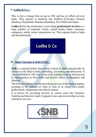 9
9. Lodha & Co.: -
This is also a vintage firm set up in 1941 and has its offices all over
India. They operate in locations like Kolkata (Calcutta), Chennai
(Madras), Hyderabad, Mumbai (Bombay), New Delhi and Jaipur.
Lodha & Co. has proficiency in providing professional services to a
large number of corporate clients, central banks, banks, insurance
companies, public sector corporations etc. They operate both in India
and Internationally.
10. Sahni Natrajan & Bahl (SNB): -
SNB is a national Indian firm which is based in Delhi and provides its
services in the field of audit, consulting, accounting and allied areas. It
was established in 1981 and is one of the leading Firms in India having
its Headquarters in New Delhi and branch offices in Bangalore and
Mumbai.
The Firm has kept its Aim for providing services of the highest quality,
resulting in the addition of value to each of its clients in a totally
professional, independent and ethical manner.
It is known for providing services in various areas like Taxation,
Auditing and Internal Audit, Corporate Laws and several other services
relating to services.
 