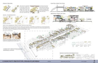 05.15.2020HIMANGI MUTHAINDIACOMMUNITY PROTOTYPE, DHARAVI,MUMBAI 2
Proposing to expand and maximize the street without destroying the current fabric by introducing a new elevated ground
and creating a new topography above commercial buildings that will not only accomodate more social and productive area
but will also facilitate the management of both solid and organic waste.
Extantion of the building to the outside add one step
to the privacy. The platform gives the space back to the
residents providing gathering and outdoor spaces.
DESIGN TRIGGERS EXISTING STREET SECTION
PROPOSED STREET SECTION
COMMUNITY PROTOTYPE NEAR THE
MONORAIL STATION
ROADS + TRANSPORATAION
SINCE THE COMMERCIAL STREET IS MOST PRECIOUS RECOURCE
Streets tend to be congested by
the interaction between buy-
ers and traders which occurs
mostly along the facade of the
building. Since buyers hard-
ly enter into the store, they
cause even more congestion on
these busy commercial streets.
The commercial street has
been treated more like the
back of the house rather than
the front of the house. Waster
has been accumulated more
on the commecial street than
inside of the chawl.
EXISTING CONDITION
RELATION TO THE BUILDING
STREET SECTION AA’
STREET SECTION BB’
road >15m 10m<road<15m road<10m
3.5m 4m 4m 3.5m
 