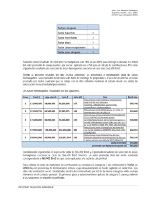 Juan ‐ Luis Menares Rodríguez
Arquitecto Tasador / I.C.A. 10.867
Rol 4414 Registro Consultores MINVU
Factores de ajuste
Factor Superficie 1
Factor frente fondo 1
Factor altura 1
Factor casos excepcionales 1
Factor prom. de ajuste 1
Teniendo como resultado 183.304 $/m2 se multiplicará esta cifra en un 200% para corregir la división a la mitad
del valor promedio de compraventas -por sector- aplicado en el SII para el cálculo de contribuciones. Por tanto
el promedio resultante de selección de áreas homogéneas cercanas al caso será 366.608 $/m2.
Siendo la presente tasación del tipo técnica comercial, se presentará a continuación tabla de casos
homologables, seleccionados desde bases de datos de corretaje de propiedades. Esto a fin de obtener un costo
promedio por metro cuadrado que se coteje con la cifra obtenida mediante el cálculo desde las tablas de
valorización técnica territorial precedentes.
Los casos homologables rescatados son los siguientes:
Caso Total $ Apx. obra $ Lote $ Lote M2 link $/m2 lote
1 118,000,000 58,000,000 60,000,000 107
https://www.corpinmobiliaria.cl/prop/venta-
casa-vina-del-mar-alejandro-
navarrete_1965316?utm_source=Lifull-
connect&utm_medium=referrer
560,748
2 123,589,795 66,500,000 57,089,795 108
https://casas.trovit.cl/listing/casa-en-venta-en-
vina-del-mar.s1wY1W1cM1j1R
528,609
3 175,000,000 80,000,000 95,000,000 190
https://casas.mitula.cl/detalle/370358/26801296
75192359074/21/1/terrenos-gomez-
carre%C3%B1o?search_terms=terrenos+gomez+c
arre%C3%B1o&page=1&pos=21&t_sec=1&t_or=2
&t_pvid=49645ccf-3538-4ff0-94dd-1d0edcbb515c
500,000
4 379,050,000 125,000,000 254,050,000 380
https://casas.trovit.cl/listing/casa-en-jardin-del-
mar-5d-4b-163380m2.42f80097-409a-3bdf-b336-
a1fe7815cfb2
668,553
5 190,662,984 60,000,000 130,662,984 230
https://casas.trovit.cl/listing/vina-del-mar-
poblacion-alejandro-navarrete-pasaje-18-d3-casa-
7-gomez-carreno-vina-del-mar.1b71ntZ1wA1K
568,100
costo promedio 565,202
promedio con factores de ajuste SII 565,202
Considerando el promedio en la presente tabla de 565.202 $/m2 y el promedio resultante de selección de áreas
homogéneas cercanas al caso de 366.608 $/m2 tenemos un valor promedio final del metro cuadrado
correspondiente a 465.905 $/m2 los que serán aplicados a la tabla de cálculo final.
Para estimar el costo de materiales de construcción se considera la categoría E de construcción LIVIANA en
MADERA con presencias de terminaciones mixtas –cuya desvalorización se ha de explicitar en tabla final-. Las
obras de terminación serán consideradas dentro del costo unitario por m2 de la misma categoría -dada su baja
relevancia en el contexto general-. En primeros pisos y estacionamiento aplicará la categoría C correspondiente
a las soluciones en albañilería confinada.
INFORME TASACION INMUEBLE
 