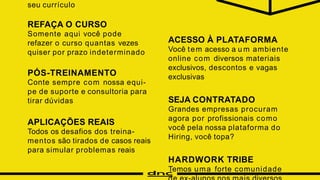 seu currículo
REFAÇA O CURSO
Somente aqui você pode
refazer o curso quantas vezes
quiser por prazo indeterminado
PÓS-TREINAMENTO
Conte sempre com nossa equi-
pe de suporte e consultoria para
tirar dúvidas
APLICAÇÕES REAIS
Todos os desafios dos treina-
mentos são tirados de casos reais
para simular problemas reais
ACESSO À PLATAFORMA
Você tem acesso a u m ambiente
online com diversos materiais
exclusivos, descontos e vagas
exclusivas
SEJA CONTRATADO
Grandes empresas procuram
agora por profissionais como
você pela nossa plataforma do
Hiring, você topa?
HARDWORK TRIBE
Temos uma forte comunidade
 