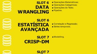 ■ Operações Matemáticas;
■ Operações Categóricas;
■ Operações de Texto;
■ Pipeline.
■ Correlação e Regressão;
■ Séries temporais.
■ Modelling.
SLOT 6
DATA
WRANGLING
SLOT 6
ESTATÍSTICA
AVANÇADA
SLOT 7
CRISP-DM
SLOT 7
 