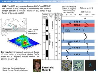 Casual or causal links between nannoplankton fluxes and CCD ups-and-downs?
Pälike et al., 2012
poorly
studied
CAE 0
CAE 1
CAE 2
CAE 3
MECO
CAE 4
Salaviale, Mattioli &
Gollain, in progress
FAQ: The CCD yo-yo during Eocene CAEs* and MECO°
are related to (1) changes in weathering and organic-
carbon delivery to oceans (Pälike et al., 2012) or (2)
fluxes of biogenic calcite?
ODP Leg 198
Site 1209
Shatsky Rise
*Carbonate Calcification Events
°Middle Eocene Climating Optimum
Our results: Increases of nannofossil fluxes
of ~one order of magnitude during CAEs
attest for a biogenic calcite control on
Eocene CAE yo-yo.
Emanuela
Mattioli
 