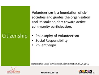 9
Citizenship
Volunteerism is a foundation of civil
societies and guides the organization
and its stakeholders toward acti...