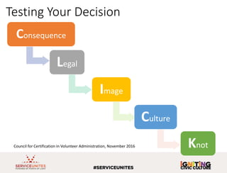 Testing Your Decision
Consequence
Legal
Image
Culture
KnotCouncil for Certification in Volunteer Administration, November ...