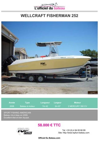 ARCOA ARCOA 1075 FLY
Année Type Longueur Largeur Moteur
1988 Bateau à moteur 10m 75 3m 62 2 FIAT AIFO 8061SRM25 240 CV
Vedette fly très habitable - 2 Cabines - 2 Salle de bains - traitement anti-osmose - bien équipé en
électronique - - GPS Lecteur cartes couleur Raymarine C90 et GPS portable sur Fly - Sondeur de
pêche - Pilote automatique - Lecteur CD - VHF - Excellent état - Renseignements : SAM...
49.000 € TTC
Tel: 0467020963
Site: http://www.sammymarine.com
Officiel Du Bateau.com
 