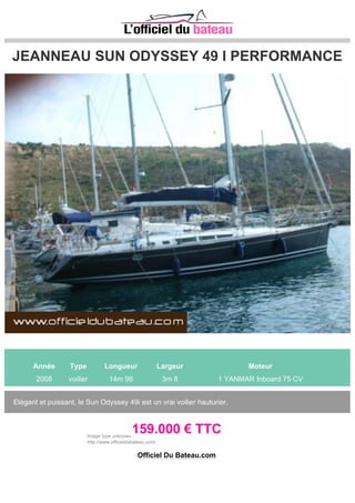 Coque Dujardin Floréal 38
Année Type Longueur Largeur Moteur
1997 voilier 12m 24 4m 04 1 PERKINS 1250 Heures 50 CV
bateau en exellent état géneral, coque Dujardin et emenagement Rameau. Bateau mis en service en
2003. equipement en 1er Cat, Yankee; Trinquette sur enrouleur, GV Full baten neuve de 2011. Spi
assymétrique, genaker. équipement du bateau en 1er cat, pret a partir.
85.000 € TTC
Tel: 0468499218
Site: http://www.marine-technic-services.com
Officiel Du Bateau.com
 