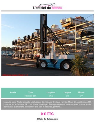 FERRETTI FERRETI 94
Année Type Longueur Largeur Moteur
1999 Bateau à moteur 29m 0 7m 10 2 MTU 1800 CV
YACHT FERRETTI 94, TRÈS ENTRETENU, FULL EQUIP, DEMANDEZ NOTRE INVENTAIRE
COMPLET ET L´ALBUM DE PHOTOS À NOTRE COMMERCIAL DIDIER LEMARCHAND
2.700.000 € TTC
Tel: 00 34 674853219
Site: http://www.yachtplus.es
Officiel Du Bateau.com
 