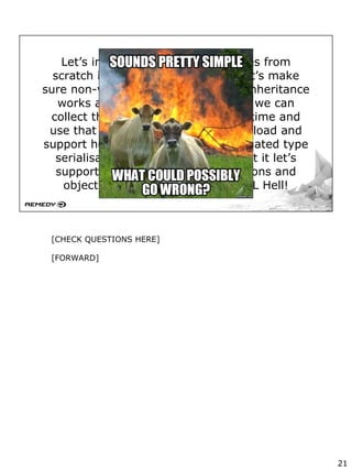 Let’s implement C++ virtual tables from
scratch inside D structs and also let’s make
sure non-virtual methods work and inheritance
works and let’s do it in a way that we can
collect that information at compile time and
use that to link functions on library load and
support hot reloading through automated type
serialisation and also while we’re at it let’s
support version numbers on functions and
objects to also solve Windows DLL Hell!
[CHECK QUESTIONS HERE]
[FORWARD]
21
 