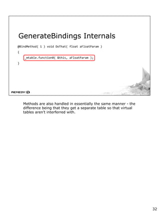 @BindMethod( 1 ) void DoThat( float aFloatParam )
{
_mtable.function0( &this, aFloatParam );
}
GenerateBindings Internals
Methods are also handled in essentially the same manner - the
difference being that they get a separate table so that virtual
tables aren’t interferred with.
32
 