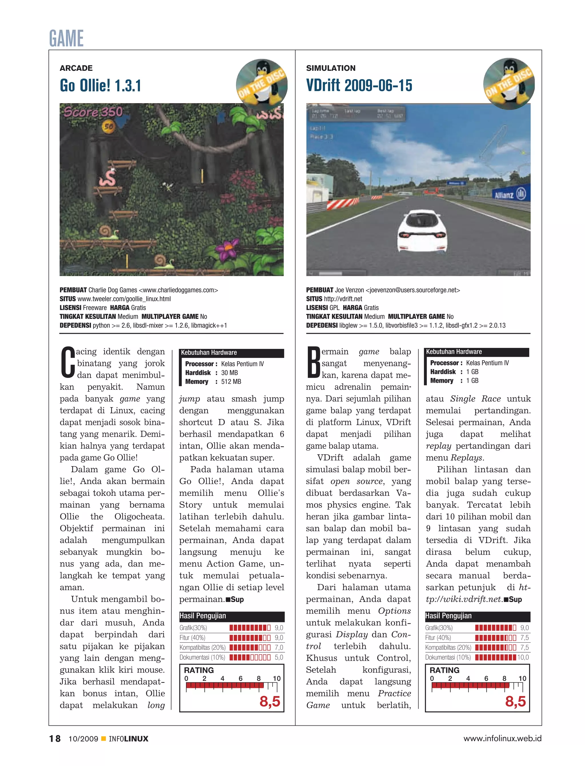 GAME
 ARCADE                                                                           SIMULATION

 Go Ollie! 1.3.1                                                                  VDrift 2009-06-15




 PEMBUAT Charlie Dog Games <www.charliedoggames.com>                              PEMBUAT Joe Venzon <joevenzon@users.sourceforge.net>
 SITUS www.tweeler.com/goollie_linux.html                                         SITUS http://vdrift.net
 LISENSI Freeware HARGA Gratis                                                    LISENSI GPL HARGA Gratis
 TINGKAT KESULITAN Medium MULTIPLAYER GAME No                                     TINGKAT KESULITAN Medium MULTIPLAYER GAME No
 DEPEDENSI python >= 2.6, libsdl-mixer >= 1.2.6, libmagick++1                     DEPEDENSI libglew >= 1.5.0, libvorbisfile3 >= 1.1.2, libsdl-gfx1.2 >= 2.0.13




 C                                                                                B
      acing identik dengan                  Kebutuhan Hardware                         ermain game balap                       Kebutuhan Hardware
      binatang yang jorok                    Processor : Kelas Pentium IV              sangat    menyenang                       Processor : Kelas Pentium IV
                                             Harddisk : 30 MB                                                                    Harddisk : 1 GB
      dan dapat menimbul                                                               kan, karena dapat me
                                             Memory : 512 MB                                                                     Memory : 1 GB
 kan penyakit. Namun                                                              micu adrenalin pemain-
 pada banyak game yang                     jump atau smash jump                   nya. Dari sejumlah pilihan                   atau Single Race untuk
 terdapat di Linux, cacing                 dengan      menggunakan                game balap yang terdapat                     memulai pertandingan.
 dapat menjadi sosok bina                  shortcut D atau S. Jika                di platform Linux, VDrift                    Selesai permainan, Anda
 tang yang menarik. Demi                   berhasil mendapatkan 6                 dapat menjadi pilihan                        juga     dapat      melihat
 kian halnya yang terdapat                 intan, Ollie akan menda                game balap utama.                            replay pertandingan dari
 pada game Go Ollie!                       patkan kekuatan super.                    VDrift adalah game                        menu Replays.
    Dalam game Go Ol                          Pada halaman utama                  simulasi balap mobil ber                        Pilihan lintasan dan
 lie!, Anda akan bermain                   Go Ollie!, Anda dapat                  sifat open source, yang                      mobil balap yang terse
 sebagai tokoh utama per                   memilih menu Ollie's                   dibuat berdasarkan Va                        dia juga sudah cukup
 mainan yang bernama                       Story untuk memulai                    mos physics engine. Tak                      banyak. Tercatat lebih
 Ollie the Oligocheata.                    latihan terlebih dahulu.               heran jika gambar linta                      dari 10 pilihan mobil dan
 Objektif permainan ini                    Setelah memahami cara                  san balap dan mobil ba                       9 lintasan yang sudah
 adalah     mengumpulkan                   permainan, Anda dapat                  lap yang terdapat dalam                      tersedia di VDrift. Jika
 sebanyak mungkin bo                       langsung menuju ke                     permainan ini, sangat                        dirasa belum cukup,
 nus yang ada, dan me                      menu Action Game, un                   terlihat nyata seperti                       Anda dapat menambah
 langkah ke tempat yang                    tuk memulai petuala                    kondisi sebenarnya.                          secara manual berda
 aman.                                     ngan Ollie di setiap level                Dari halaman utama                        sarkan petunjuk di ht
    Untuk mengambil bo                     permainan. Sup                         permainan, Anda dapat                        tp://wiki.vdrift.net. Sup
 nus item atau menghin                                                            memilih menu Options
                                           Hasil Pengujian                                                                     Hasil Pengujian
 dar dari musuh, Anda                                                             untuk melakukan konfi
                                           Grafik(30%)                      9,0                                                Grafik(30%)                        9,0
 dapat berpindah dari                      Fitur (40%)                      9,0   gurasi Display dan Con                       Fitur (40%)                        7,5
 satu pijakan ke pijakan                   Kompatibiltas (20%)              7,0   trol terlebih dahulu.                        Kompatibiltas (20%)                7,5
 yang lain dengan meng                     Dokumentasi (10%)                5,0   Khusus untuk Control,                        Dokumentasi (10%)                 10,0
 gunakan klik kiri mouse.                    RATING                               Setelah        konfigurasi,                    RATING
                                             0      2      4     6    8     10                                                   0      2      4     6      8    10
 Jika berhasil mendapat                                                           Anda dapat langsung
 kan bonus intan, Ollie                                                           memilih menu Practice
 dapat melakukan long                                                  8,5        Game untuk berlatih,                                                       8,5

18   10/2009      INFOLINUX                                                                                                                   www.infolinux.web.id
 