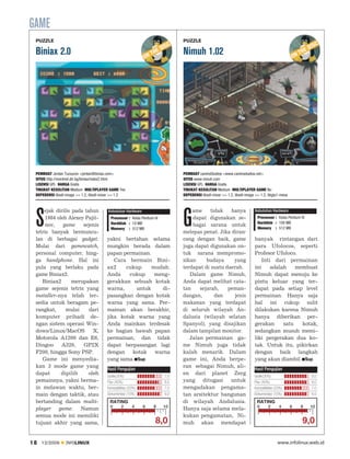 GAME
 PUZZLE                                                                         PUZZLE

 Biniax 2.0                                                                     Nimuh 1.02




 PEMBUAT Jordan Tuzsuzov <jordan@biniax.com>                                    PEMBUAT caninoStudios <www.caninostudios.net>
 SITUS http://mordred.dir.bg/biniax/index2.html                                 SITUS www.nimuh.com
 LISENSI GPL HARGA Gratis                                                       LISENSI GPL HARGA Gratis
 TINGKAT KESULITAN Medium MULTIPLAYER GAME Yes                                  TINGKAT KESULITAN Medium MULTIPLAYER GAME No
 DEPEDENSI libsdl-image >= 1.2, libsdl-mixer >= 1.2                             DEPEDENSI libsdl-mixer >= 1.2, libsdl-image >= 1.2, libglu1-mesa




 S                                                                              G
     ejak dirilis pada tahun             Kebutuhan Hardware                         ame     tidak   hanya                   Kebutuhan Hardware
      1984 oleh Alexey Pajit               Processor : Kelas Pentium IV             dapat digunakan se                       Processor : Kelas Pentium IV
                                           Harddisk : 10 MB                                                                  Harddisk : 100 MB
      nov,    game    sejenis                                                       bagai sarana untuk
                                           Memory : 512 MB                                                                   Memory : 512 MB
 tetris banyak bermuncu                                                         melepas penat. Jika diran-
 lan di berbagai gadget.                yakni bertahan selama                   cang dengan baik, game                     banyak rintangan dari
 Mulai dari gamewatch,                  mungkin berada dalam                    juga dapat digunakan un                    para Ufolocos, seperti
 personal computer, hing                papan permainan.                        tuk sarana mempromo                        Profesor Ufoloco.
 ga handphone. Hal ini                     Cara bermain Bini                    sikan     budaya     yang                      Inti dari permainan
 pula yang berlaku pada                 ax2    cukup     mudah.                 terdapat di suatu daerah.                  ini     adalah    membuat
 game Biniax2.                          Anda    cukup     meng                     Dalam game Nimuh,                       Nimuh dapat menuju ke
    Biniax2       merupakan             gerakkan sebuah kotak                   Anda dapat melihat cata                    pintu keluar yang ter
 game sejenis tetris yang               warna,     untuk    di                  tan    sejarah,    peman                   dapat pada setiap level
 installer-nya telah ter                pasangkan dengan kotak                  dangan,       dan    jenis                 permainan. Hanya saja
 sedia untuk beragam pe                 warna yang sama. Per                    makanan yang terdapat                      hal ini cukup sulit
 rangkat,      mulai     dari           mainan akan berakhir,                   di seluruh wilayah An                      dilakukan karena Nimuh
 komputer pribadi de                    jika kotak warna yang                   dalusia (wilayah selatan                   hanya diberikan per
 ngan sistem operasi Win                Anda mainkan terdesak                   Spanyol), yang disajikan                   gerakan      satu   kotak,
 dows/Linux/MacOS          X,           ke bagian bawah papan                   dalam tampilan monitor.                    sedangkan musuh memi
 Motorola A1200 dan E6,                 permainan, dan tidak                       Jalan permainan ga                      liki pergerakan dua ko
 Dingoo      A320,    GP2X              dapat berpasangan lagi                  me Nimuh juga tidak                        tak. Untuk itu, pikirkan
 F200, hingga Sony PSP.                 dengan   kotak    warna                 kalah menarik. Dalam                       dengan baik langkah
    Game ini menyedia                   yang sama. Sup                          game ini, Anda berpe-                      yang akan diambil. Sup
 kan 3 mode game yang                                                           ran sebagai Nimuh, ali
                                         Hasil Pengujian                                                                   Hasil Pengujian
 dapat       dipilih     oleh                                                   en dari planet Zerg
                                         Grafik(30%)                      7,0                                              Grafik(30%)                      9,0
 pemainnya, yakni berma                  Fitur (40%)                      8,5   yang ditugasi untuk                        Fitur (40%)                      9,0
 in melawan waktu, ber                   Kompatibiltas (20%)              7,0   mengadakan pengama                         Kompatibiltas (20%)              7,0
 main dengan taktik, atau                Dokumentasi (10%)                9,0   tan arsitektur bangunan                    Dokumentasi (10%)                9,0
 bertanding dalam multi                   RATING                                di wilayah Andalusia.                        RATING
                                          0       2      4     6    8     10                                                 0      2      4       6   8    10
 player game. Namun                                                             Hanya saja selama mela
 semua mode ini memiliki                                                        kukan pengamatan, Ni
 tujuan akhir yang sama,                                             8,0        muh akan mendapat                                                      9,0

18   12/2009     INFOLINUX                                                                                                                www.infolinux.web.id
 