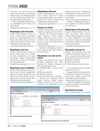 TUTORIAL APACHE
     lom-kolom, dan akan tersedia link                         Menghilangkan kolom Icon                                         berikut setelah baris ‘IndexOptions
     untuk header kolom yang memung-                           Dengan FancyIndexing, secara de-                                 FancyIndexing’, dimana khusus un-
     kinkan pengurutan. Berbagai tampil-                       fault, tersedia kolom Icon. Untuk                                tuk direktori, kita akan memberikan
     an yang menarik juga tersedia apa-                        menghilangkan kolom Icon, tambah-                                icon berbeda:
     bila FancyIndexing diaktifkan.                            kanlah baris berikut, setelah baris                                AddIcon /folder.png ^^DIRECTORY^^
        Untuk mengaktifkan FancyIndex-                         ‘IndexOptions FancyIndexing’:                                       Pastikan ‘IndexOptions Suppres-
     ing, tambahkan baris berikut, dan                          IndexOptions SuppressIcon                                       sIcon’ (apabila ada) telah dikomen-
     restart httpd:                                                                                                             tari sebelumnya.
       IndexOptions FancyIndexing                              Mengatur icon default
                                                               Dengan FancyIndexing, kita dapat                                 Menghilangkan sorting pada kolom
     Menghilangkan kolom Description                           mengatur penggunaan icon default.                                Dengan FancyIndexing, secara de-
     Dengan FancyIndexing, secara de-                            Kopikan ﬁle default.png (Anda                                  fault, link header kolom menye-
     fault, tersedia kolom Description.                        dapat membuat sendiri dengan                                     diakan fasilitas pengurutan. Apabila
     Apabila ini tidak dikehendaki, kita                       GIMP, berukuran 32 x 32) ke Docu-                                ini tidak dikehendaki, kita dapat
     dapat men-disable dengan menam-                           mentRoot, dan tambahkanlah baris                                 men-disable dengan menambahkan
     bahkan baris berikut, setelah baris                       berikut, setelah baris ‘IndexOptions                             baris berikut, setelah baris ‘IndexOp-
     ‘IndexOptions FancyIndexing’:                             FancyIndexing’:                                                  tions FancyIndexing’:
       IndexOptions SuppressDescription                         DefaultIcon /default.png                                          IndexOptions SuppressColumnSorting
                                                                  Pastikan ‘IndexOptions Suppres-
     Menghilangkan kolom Size                                  sIcon’ (apabila ada) telah dikomen-                              Menambahkan deskripsi file
     Dengan FancyIndexing, secara de-                          tari sebelumnya.                                                 Dengan FancyIndexing, kita bisa
     fault, tersedia kolom Size. Apabila                                                                                        memberikan deskripsi untuk ﬁle ter-
     ini tidak dikehendaki, kita dapat                         Menambahkan icon untuk tipe file                                 tentu, yang akan ditampilkan pada
     men-disable dengan menambahkan                            tertentu                                                         kolom Description. File bisa berupa:
     baris berikut, setelah baris ‘IndexOp-                    Dengan FancyIndexing, kita dapat                                    Ekstensi nama ﬁle.
     tions FancyIndexing’:                                     mengatur penggunaan icon untuk                                      Wildcard nama ﬁle.
       IndexOptions SuppressSize                               ﬁle/nama ﬁle tertentu. Pengaturan                                   Nama ﬁle (parsial atau komplit).
                                                               ﬁle/nama ﬁle dapat berupa:
     Menghilangkan kolom LastModified                             ^^DIRECTORY^^ untuk direk-                                       String deskripsi sendiri diberikan
     Dengan FancyIndexing, secara de-                             tori.                                                         dalam kutip dua (“ “).
     fault, tersedia kolom LastModiﬁed.                           Ekstensi nama ﬁle.                                               Sebagai contoh, ﬁle ls akan diberi-
     Apabila ini tidak dikehendaki, kita                          Wildcard nama ﬁle.                                            kan deskripsi “Program ls”. Tambah-
     dapat men-disable dengan menam-                              Nama ﬁle (parsial atau komplit).                              kanlah baris berikut, setelah baris
     bahkan baris berikut, setelah baris                          Kopikan ﬁle folder.png (Anda                                  ‘IndexOptions FancyIndexing’:
     ‘IndexOptions FancyIndexing’:                             dapat membuat sendiri dengan                                       AddDescription “Program ls” ls
       IndexOptions SuppressLastModiﬁed                        GIMP, berukuran 32 x 32) ke Docu-                                  Pastikan ‘IndexOptions Suppress-
                                                               mentRoot, dan tambahkanlah baris                                 Description’ (apabila ada) telah diko-
                                                                                                                                mentari sebelumnya.

                                                                                                                                Menambahkan file header
                                                                                                                                Untuk menambahkan ﬁle header,




     Directory Listing dengan FancyIndexing dan DefaultIcon.


                                                                   Directory Listing dengan FancyIndexing dan icon khusus untuk direktori.



42      12/2009            INFOLINUX                                                                                                              www.infolinux.web.id
 