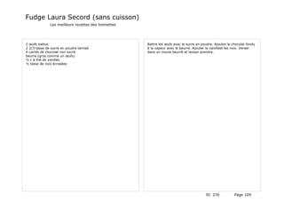 Fudge Laura Secord (sans cuisson)
              Les meilleurs recettes des lionnettes




2 œufs battus                                         Battre les œufs avec le sucre en poudre. Ajouter le chocolat fondu
2 2/3 tasse de sucre en poudre tamisé                 à la vapeur avec le beurre. Ajouter la vanilleet les noix. Verser
4 carrés de chocolat non sucré                        dans un moule beurré et laisser prendre.
beurre (gros comme un œufs)
½ c à thé de vanilles
½ tasse de noix écrasées




                                                                                         ID 276            Page 109
 