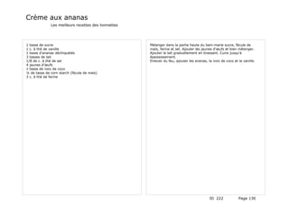 Crème aux ananas
              Les meilleurs recettes des lionnettes




1 tasse de sucre                                      Mélanger dans la partie haute du bain-marie sucre, fécule de
1 c. à thé de vanille                                 maïs, farine et sel. Ajouter les jaunes d'œufs et bien mélanger.
1 tasse d'ananas déchiquetés                          Ajouter le lait graduellement en brassant. Cuire jusqu'à
3 tasses de lait                                      épaississement.
1/8 de c. à thé de sel                                Enlever du feu, ajouter les ananas, la noix de coco et la vanille.
4 jaunes d'œufs
1 tasse de noix de coco
¼ de tasse de corn starch (fécule de maïs)
3 c. à thé de farine




                                                                                           ID 222            Page 130
 