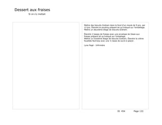 Dessert aux fraises
       Si on s'y mettait




                           Mettre des biscuits Graham dans le fond d'un moule de 9 pcs. par
                           13 pcs. Étendre le pouding préparé tel qu'indiqué sur l'embellage.
                           Mettre un deuxième étage de biscuits Graham.

                           Étendre 2 tasses de fraises avec une envelope de Glaze aux
                           fraises préparé tel qu'indiqué sur l'enballage.
                           Mettre un troisième étage de biscuits Graham. Étendre la crème
                           fouettée Nutriwip avec une ½ tasse de sucre à glacer.

                           Lyne Pagé - Infirmière




                                                               ID 454           Page 133
 