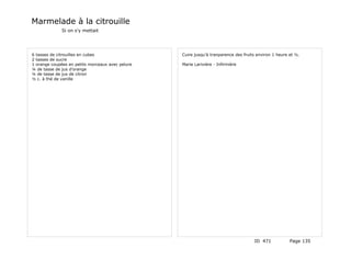 Marmelade à la citrouille
              Si on s'y mettait




6 tasses de citrouilles en cubes                  Cuire jusqu'à tranparence des fruits environ 1 heure et ½.
2 tasses de sucre
1 orange coupées en petits morceaux avec pelure   Marie Larivière - Infirmière
¼ de tasse de jus d'orange
¼ de tasse de jus de citron
½ c. à thé de vanille




                                                                                     ID 471            Page 135
 