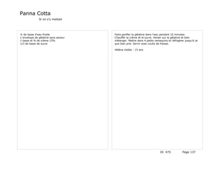 Panna Cotta
              Si on s'y mettait




¼ de tasse d'eau froide              Faire gonfler la gélatine dans l'eau pendant 10 minutes.
1 envelope de gélatine sans saveur   Chauffer la crème et le sucre. Verser sur la gélatine et bien
1 tasse et ¾ de crème 15%            mélanger. Mettre dans 4 petits ramequins et réfrigérer jusqu'à ce
1/3 de tasse de sucre                que bien pris. Servir avec coulis de fraises.

                                     Hélène Vallée - 15 ans




                                                                        ID 475            Page 137
 