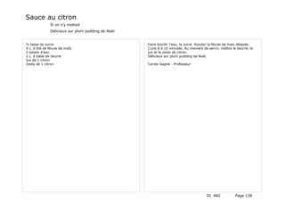 Sauce au citron
              Si on s'y mettait
              Délicieux sur plum pudding de Noël


½ tasse de sucre                                   Faire bouillir l'eau, le sucre. Ajouter la fécule de maïs délayée.
4 c. à thé de fécule de maÏs                       Cuire 8 à 10 minutes. Au moment de servir, mettre le beurre, le
2 tasses d'eau                                     jus et le zeste de citron.
2 c. à table de beurre                             Délicieux sur plum pudding de Noël.
Jus de 1 citron
Zeste de 1 citron                                  Carole Gagné - Professeur




                                                                                       ID 480            Page 139
 