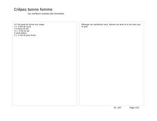 Crêpes bonne femme
              Les meilleurs recettes des lionnettes




2/3 de tasse de farine tout usage                     Mélanger les ingrédients secs. Ajouter les œufs et le lait ainsi que
1 c. à thé de sucre                                   le gras.
1½ tasse de lait
¼ c. à thé de sel
4 œufs battus
2 c. à thé de gras fondu




                                                                                           ID 207            Page 142
 