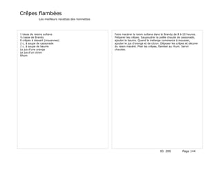 Crêpes flambées
             Les meilleurs recettes des lionnettes




1 tasse de raisins sultana                           Faire macérer le raisin sultana dans le Brandy de 8 à 10 heures.
½ tasse de Brandy                                    Préparer les crêpes. Saupoudrer la poêle chaude de cassonade,
8 crêpes à dessert (moyennes)                        ajouter le beurre. Quand le mélange commence à mousser,
2 c. à soupe de cassonade                            ajouter le jus d'orange et de citron. Déposer les crêpes et décorer
2 c. à soupe de beurre                               du raisin macéré. Plier les crêpes, flamber au rhum. Servir
Le jus d'une orange                                  chaudes.
Le jus d'un citron
Rhum




                                                                                         ID 209            Page 144
 