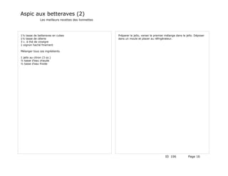 Aspic aux betteraves (2)
                Les meilleurs recettes des lionnettes




1½ tasse de betteraves en cubes                         Préparer le jello, verser le premier mélange dans le jello. Déposer
1½ tasse de célerie                                     dans un moule et placer au réfrigérateur.
3 c. à thé de vinaigre
1 oignon haché finement

Mélanger tous ces ingrédients.

1 jello au citron (3 oz.)
½ tasse d'eau chaude
½ tasse d'eau froide




                                                                                            ID 106            Page 16
 