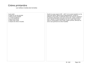 Crème printanière
              Les meilleurs recettes des lionnettes




4 gros œufs                                           Bouillir le surop jusqu'à 238° - 240° F et le verser bouillant sur les
½ tasse de noix de grenoble                           œufs bien battus. Battre jusqu'à épaississement. Gonfler la
1 tasse de sirop d'érable                             gélatine à l'eau froide, la dissoudre dans le lait chaud et l'ajouter à
2 c. à thé de gélatine                                la première préparation ainsi que le lait bouilli. Laisser prendre à
1 tasse de lait bouilli                               demi. Ajouter la crème fouettée et les noix, verser cette crème
½ tasse d'eau froide                                  dans un moule passé à l'eau froide. Laisser prendre, démouler et
1 chopine de crème à fouetter                         servir avec garniture de crème fouettée.




                                                                                            ID 262             Page 161
 