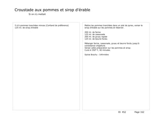 Croustade aux pommes et sirop d'érable
             Si on s'y mettait




5 à 6 pommes tranchées minces (Cortland de préférence)   Mettre les pommes tranchées dans un plat de pyrex, verser le
125 ml. de sirop d'érable                                sirop d'érable sur les pommes et réserver.

                                                         200   ml.   de   farine
                                                         125   ml.   de   cassonade
                                                         200   ml.   de   gruau rapide
                                                         125   ml.   de   beurre fondu

                                                         Mélanger farine, cassonade, gruau et beurre fondu jusqu'à
                                                         consistance chapelure.
                                                         Verser cette préparation sur les pommes et sirop.
                                                         Cuire à 350° F, 40 minutes.

                                                         Sylvie Brochu - Infirmière




                                                                                            ID 452           Page 162
 