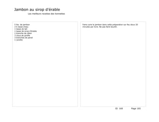 Jambon au sirop d'érable
               Les meilleurs recettes des lionnettes




5 lbs. de jambon                                       Faire cuire le jambon dans cette préparation sur feu doux 20
1½ tasse d'eau                                         minutes par livre. Ne pas faire bouillir.
1 tasse de lait
1 tasse de sirop d'érable
1 branche de céleri
3 clous de girofle
3 branches de persil
1 carotte




                                                                                          ID 169           Page 165
 