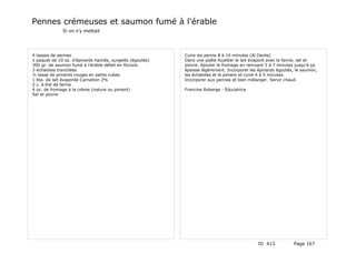 Pennes crémeuses et saumon fumé à l'érable
              Si on s'y mettait




4 tasses de pennes                                         Cuire les penne 8 à 10 minutes (Al Dente)
1 paquet de 10 oz. d'épinards hachés, surgelés (égoutés)   Dans une poêle fouetter le lait évaporé avec la farine, sel et
300 gr. de saumon fumé à l'érable défait en flocons        poivre. Ajouter le fromage en remuant 5 à 7 minutes jusqu'à ça
3 échalotes tranchées                                      épaisse légèrement. Incorporer les épinards égoutés, le saumon,
½ tasse de piments rouges en petits cubes                  les échalotes et le piment et cuire 4 à 5 minutes.
1 bte. de lait évaporée Carnation 2%                       Incorporer aux pennes et bien mélanger. Servir chaud.
2 c. à thé de farine
4 oz. de fromage à la crème (nature ou piment)             Francine Roberge - Éducatrice
Sel et poivre




                                                                                             ID 413           Page 167
 