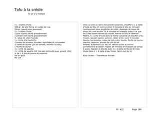 Tofu à la créole
               Si on s'y mettait




2 c. à table d'huile                                              Dans un wok ou dans une grande casserole, chauffer 2 c. à table
500 gr. de tofu ferme en cubes de 1 pc.                           d'huile sur feu vif, cuire environ 5 minutes le tofu en remuant
Shoyu (sauce soya japonaise)                                      constamment pour empêcher de coller. Asperger de sauce de
2 c. à table d'huile                                              shoyu et cuire encore 3 à 4 minutes en brassant jusqu'à ce que
1 gros oignon haché grossièrement                                 les cubes soient fermes et colorés. Retirer le tofu et réserver.
1 piment vert haché grossièrement                                 Mettre 2 c. à thé d'huile dans la même casserole et chauffer à feu
½ tasse de céleri hachée                                          moyen, ajouter oignon, poivron, céleri et ail, cuire 5 minutes.
1 c. à thé d'ail haché fin                                        Ajouter les tomates, cubes de tofu cuits, liquide, feuille de laurier,
2 tasses de tomates, étuvées, égouttées et concassées             paprika, cayenne, poudre de chili et sel.
½ tasse de liquide (jus de tomate, bouillon ou eau)               Amener à ébullition sur feu vif, réduire le feu et couvrir
1 feuille de laurier                                              partiellement et laisser mijoter 30 minutes en brassant de temps
2 c. à thé de paprika                                             à autre. Épaissir si désirée avec 1 c. à table de fécule de maïs
1 c. à thé de poudre chili (ne pas confondre avec piment chili)   diluée dans 2 c. à table d'eau froide. Servir sur du riz.
¼ de c. à thé de poivre de cayenne
Sel au goût                                                       Alice Leclerc - Travailleuse Sociale
Riz cuit




                                                                                                         ID 432           Page 180
 