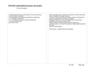 Entrée pamplemousse-avocats
              Si on s'y mettait




1 pamplemousse rose en quartier pelé à vif (sans les peaux)   Peler le pamplemousse, séparer les quartiers et enlever les peaux
1 avocat mûre en tranches                                     tout en récoltant le jus pour la sauce.
Le jus échappé du pamplemousse pendant la préparation         Trancher l'avocat en lamelles et tremper chaque tranche dans le
1 c. à table de jus de citron                                 jus de pamplemousse pour éviter l'oxydation.
1 à 2 c. à table de Pernod ou de Ricard (Pastisses)           Mélanger le reste du jus de pamplemeousse avec les autres
1 c. à thé d'huile d'olive                                    ingrédients pour faire une sauce claire.
poivre frais moulu                                            Alterner chaque tranche d'avocat avec une tranche de
                                                              pamplemousse sur une feuille de salade et napper généreusement
                                                              de sauce.
                                                              Servir en entrée froide.

                                                              Yvan Samson - Pédiatre Hémato-Oncologue




                                                                                                 ID 346           Page 194
 