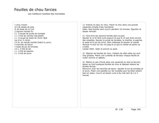 Feuilles de chou farcies
              Les meilleurs recettes des lionnettes




1 chou moyen                                          1): Enlever le cœur du chou. Placer le chou dans une grande
2/3 de tasses de gras                                 casserole remplie d'eau bouillante.
¾ de tasse de riz cuit                                Saler, faire bouillir sans coucrir pendant 10 minutes. Égoutter et
2 oignons hachés fin                                  laisser refroidir.
2 c. à soupe de purée de tomates
1 c. à thé de menthe (facultatif)                     2): Faire frire les oignond hachés dans le gras.
1 c. à soupe de zeste de citron râpé                  Ajouter le riz et faire cuire jusqu'à ce que le riz soit doré comme
Jus d'un ½ citron                                     des noisettes. Ajouter la purée de tomates, la menthe, le paprika,
1½ lb. de viande hachée (bœuf ou porc)                le zeste et le jus de citron. Bien mélanger et ajouter la viande.
2 tranches de bacon                                   Remuer le tout sur feu vif jusqu'à ce que la viande ait perdu sa
1 tasse de jus de tomates                             crudité.
1½ c. à thé de sel                                    Laisser tiédir. Saler et poivrer au goût.
1 c. à thé de paprika
1 c. à thé de sucre                                   3): Séparer les feuilles de chou, mettant de côté celles qui sont
                                                      trop grosses. Placer une cuillerée de farcesur chaque feuille et
                                                      rouler comme un gâteau.

                                                      4): Mettre un peu d'huile dans une casserole ou bien la beurrer,
                                                      placer au fond quelques feuilles de chou et déposer dessus les
                                                      feuilles farcies.
                                                      Recouvrir avec les tranches de bacon. Ajouter le jus de tomates et
                                                      le sucre. Poser une assiette sur les roulades pour qu'elles restent
                                                      bien en place. Couvrir et laisser cuire à feu très lent de 2 à 3
                                                      heures.




                                                                                          ID 138            Page 195
 