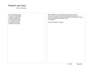 Piment vert farci
              Si on s'y mettait




10 oz. de saumon fumé             Bien mélanger au robot culinaire et farcir les poivrons.
¼ de bte. de ciboulette           Pour servir, couper en tranches et décorer de caviar noir.
½ oignon moyen haché              Décorer l'assiette avec tiges de ciboulettes et feuilles de menthe
2 tiges de ciboulettes            ainsi que de fleurs de tomates cerise.
2/3 de tasse de beurre            Très raffiné!...
2 c. à soupe de vodka
4 feuilles de menthe              Maurice Bouchard - Pédiatre
2 poivrons verts vidés




                                                                      ID 350            Page 204
 