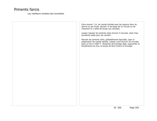 Piments farcis
       Les meilleurs recettes des lionnettes




                                               Faire revenir 1 lb. de viande hachée avec les oignons dans du
                                               beurre ou de l'huile. Ajouter ¼ de tasse de riz minute ou de
                                               macaroni et 1 boîte de soupe aux tomates.

                                               Laisser reposer les piments verts environ 5 minutes. dans l'eau
                                               bouillante salée pour les ramollir.

                                               Remplir les piments verts, préalablement égouttés, avec la
                                               préparation de viande hachée. Laisser cuire environ 20 minutes
                                               dans un four à 400° F. Parsemer de fromage râpé, augmenter la
                                               température du four le temps de faire fondre le fromage.




                                                                                  ID 306            Page 205
 